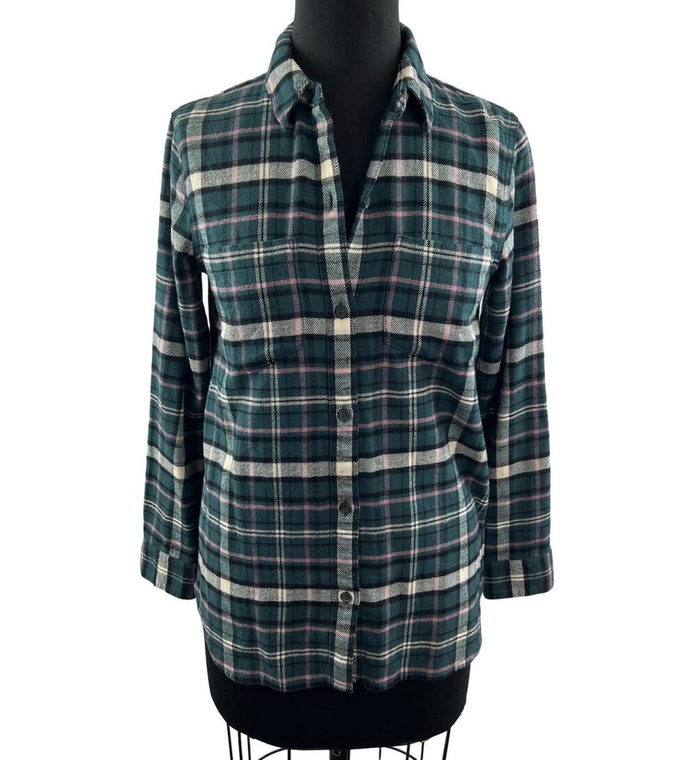 MADEWELL Green White Baywood Plaid Flannel Classic Ex-Boyfriend Shirt Size XS